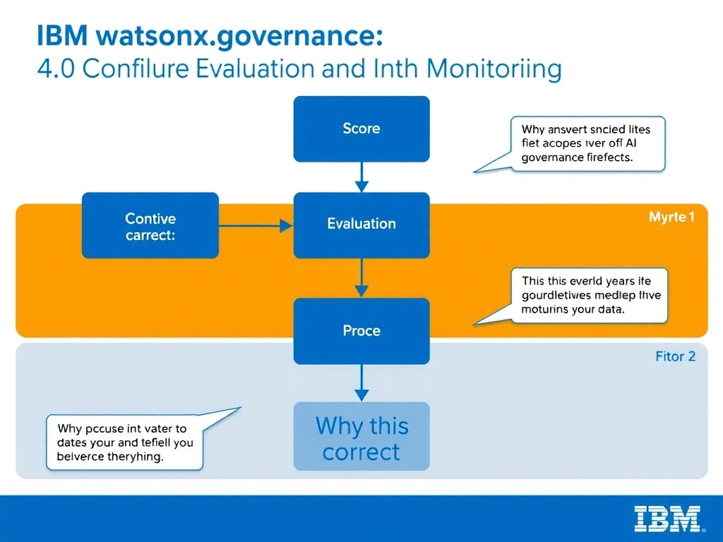 Educational infographic for IBM watsonx.governance: visualize the concept of 'F1 Score' within the '4.0 Configure Evaluation and Monitoring' domain. Use a clean flowchart or layered diagram showing how this capability fits into an AI governance lifecycle — include labeled boxes for key steps, arrows showing data flow, and IBM blue/navy color palette. Add concise callout labels highlighting why this answer is correct.