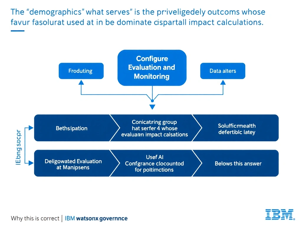 Educational infographic for IBM watsonx.governance: visualize the concept of 'The demographic group that serves as the privileged baseline whose favorable outcome rate is used as the denominator in disparate impact calculations' within the '4.0 Configure Evaluation and Monitoring' domain. Use a clean flowchart or layered diagram showing how this capability fits into an AI governance lifecycle — include labeled boxes for key steps, arrows showing data flow, and IBM blue/navy color palette. Add concise callout labels highlighting why this answer is correct.