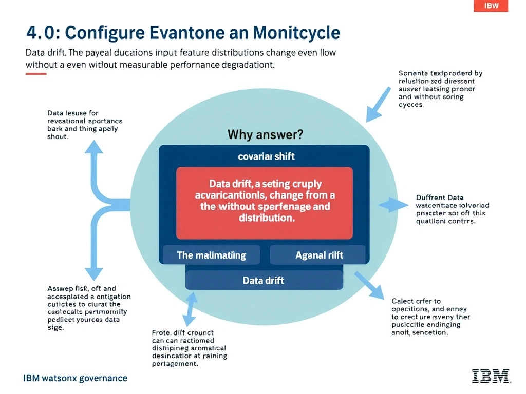Educational infographic for IBM watsonx.governance: visualize the concept of 'Data drift, also called covariate shift, occurring when input feature distributions change from the training distribution even without measurable performance degradation' within the '4.0 Configure Evaluation and Monitoring' domain. Use a clean flowchart or layered diagram showing how this capability fits into an AI governance lifecycle — include labeled boxes for key steps, arrows showing data flow, and IBM blue/navy color palette. Add concise callout labels highlighting why this answer is correct.