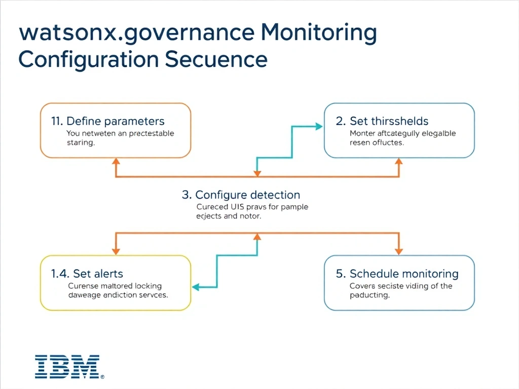 A technical flowchart titled 'watsonx.governance Monitoring Configuration Sequence'. Show numbered steps in connected boxes: 1) Define parameters, 2) Set thresholds, 3) Configure detection, 4) Set alerts, 5) Schedule monitoring. Arrow flow left to right. IBM design system colors.