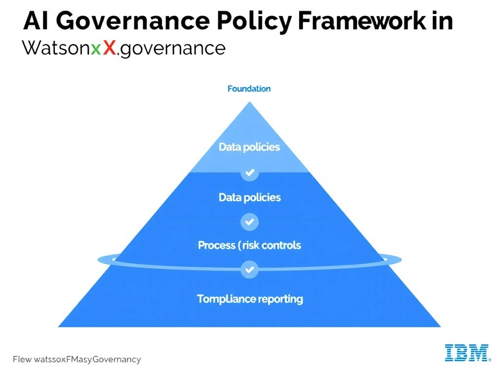 An infographic titled 'AI Governance Policy Framework in watsonx.governance'. Show a pyramid structure: Foundation (data policies) → Process (risk controls) → Top (compliance reporting). Each layer has labeled components. IBM blue and gray palette, clean professional layout.