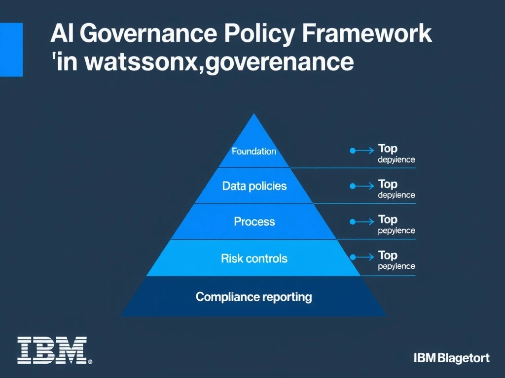 An infographic titled 'AI Governance Policy Framework in watsonx.governance'. Show a pyramid structure: Foundation (data policies) → Process (risk controls) → Top (compliance reporting). Each layer has labeled components. IBM blue and gray palette, clean professional layout.