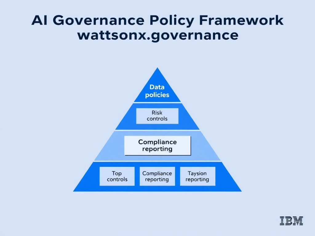 An infographic titled 'AI Governance Policy Framework in watsonx.governance'. Show a pyramid structure: Foundation (data policies) → Process (risk controls) → Top (compliance reporting). Each layer has labeled components. IBM blue and gray palette, clean professional layout.
