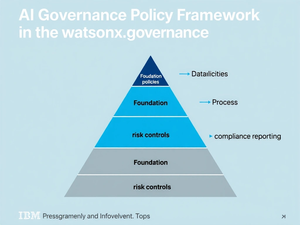 An infographic titled 'AI Governance Policy Framework in watsonx.governance'. Show a pyramid structure: Foundation (data policies) → Process (risk controls) → Top (compliance reporting). Each layer has labeled components. IBM blue and gray palette, clean professional layout.