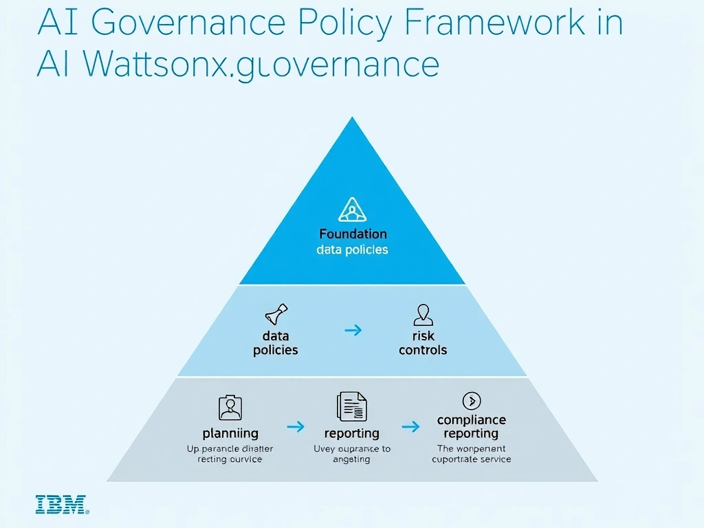 An infographic titled 'AI Governance Policy Framework in watsonx.governance'. Show a pyramid structure: Foundation (data policies) → Process (risk controls) → Top (compliance reporting). Each layer has labeled components. IBM blue and gray palette, clean professional layout.