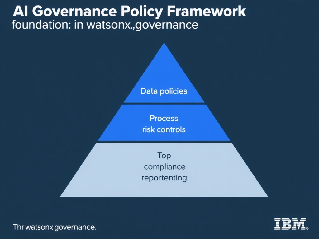 An infographic titled 'AI Governance Policy Framework in watsonx.governance'. Show a pyramid structure: Foundation (data policies) → Process (risk controls) → Top (compliance reporting). Each layer has labeled components. IBM blue and gray palette, clean professional layout.