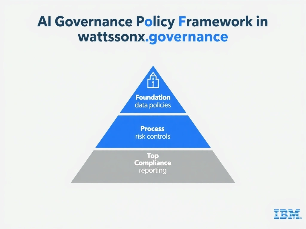 An infographic titled 'AI Governance Policy Framework in watsonx.governance'. Show a pyramid structure: Foundation (data policies) → Process (risk controls) → Top (compliance reporting). Each layer has labeled components. IBM blue and gray palette, clean professional layout.