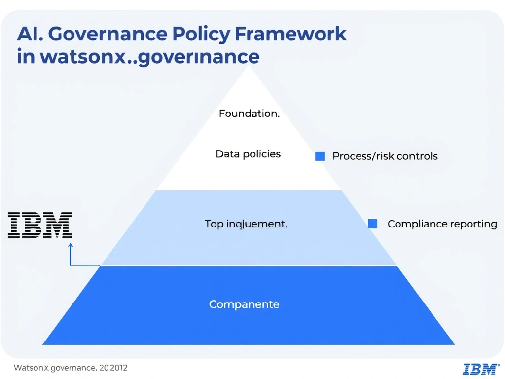 An infographic titled 'AI Governance Policy Framework in watsonx.governance'. Show a pyramid structure: Foundation (data policies) → Process (risk controls) → Top (compliance reporting). Each layer has labeled components. IBM blue and gray palette, clean professional layout.