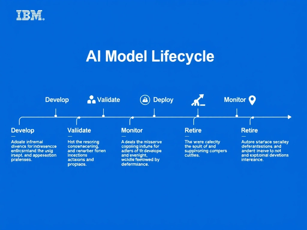 A clean pipeline diagram titled 'AI Model Lifecycle in watsonx.governance'. Show horizontal stages: Develop → Validate → Deploy → Monitor → Retire. Each stage has a small icon and 2-3 bullet points of key activities. IBM blue gradient, white text, professional infographic style.