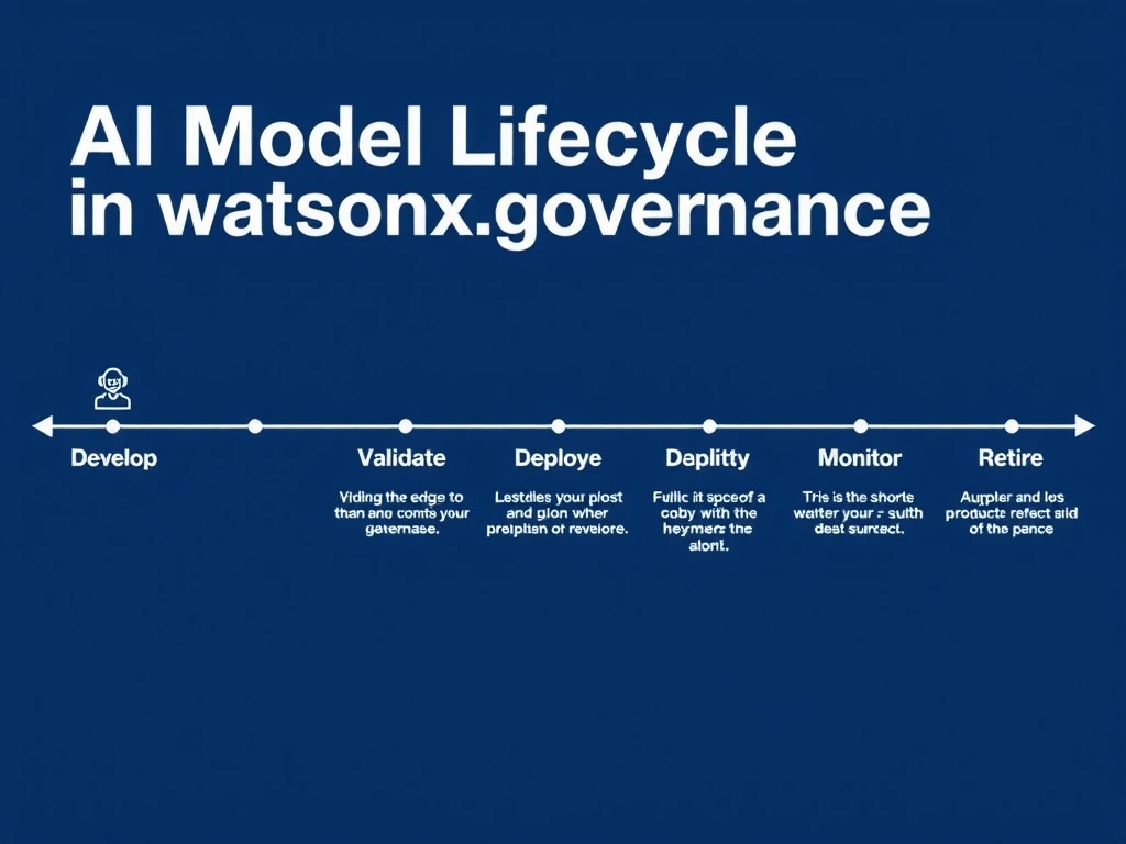 A clean pipeline diagram titled 'AI Model Lifecycle in watsonx.governance'. Show horizontal stages: Develop → Validate → Deploy → Monitor → Retire. Each stage has a small icon and 2-3 bullet points of key activities. IBM blue gradient, white text, professional infographic style.