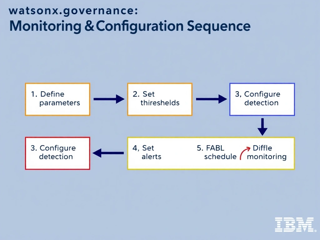 A technical flowchart titled 'watsonx.governance Monitoring Configuration Sequence'. Show numbered steps in connected boxes: 1) Define parameters, 2) Set thresholds, 3) Configure detection, 4) Set alerts, 5) Schedule monitoring. Arrow flow left to right. IBM design system colors.