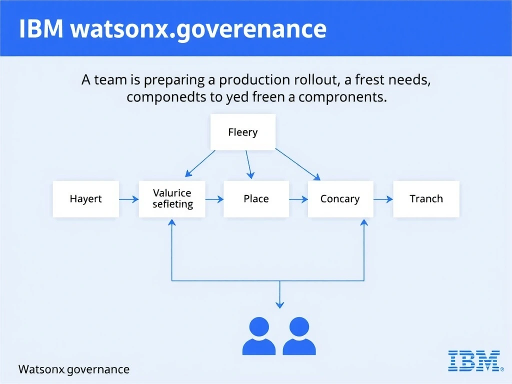 A professional technical infographic for IBM watsonx.governance illustrating: A team is preparing a production rollout and needs. Show a structured diagram with labeled components, connecting arrows indicating workflow or relationships, and a clear visual hierarchy. IBM blue and white design system, clean sans-serif fonts, no human figures, technical and educational style.