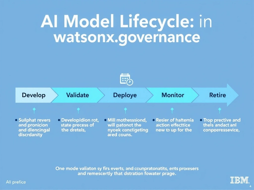 A clean pipeline diagram titled 'AI Model Lifecycle in watsonx.governance'. Show horizontal stages: Develop → Validate → Deploy → Monitor → Retire. Each stage has a small icon and 2-3 bullet points of key activities. IBM blue gradient, white text, professional infographic style.