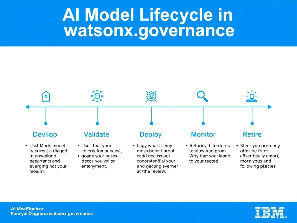 A clean pipeline diagram titled 'AI Model Lifecycle in watsonx.governance'. Show horizontal stages: Develop → Validate → Deploy → Monitor → Retire. Each stage has a small icon and 2-3 bullet points of key activities. IBM blue gradient, white text, professional infographic style.