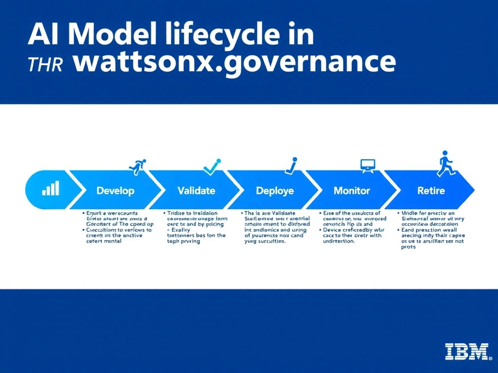 A clean pipeline diagram titled 'AI Model Lifecycle in watsonx.governance'. Show horizontal stages: Develop → Validate → Deploy → Monitor → Retire. Each stage has a small icon and 2-3 bullet points of key activities. IBM blue gradient, white text, professional infographic style.