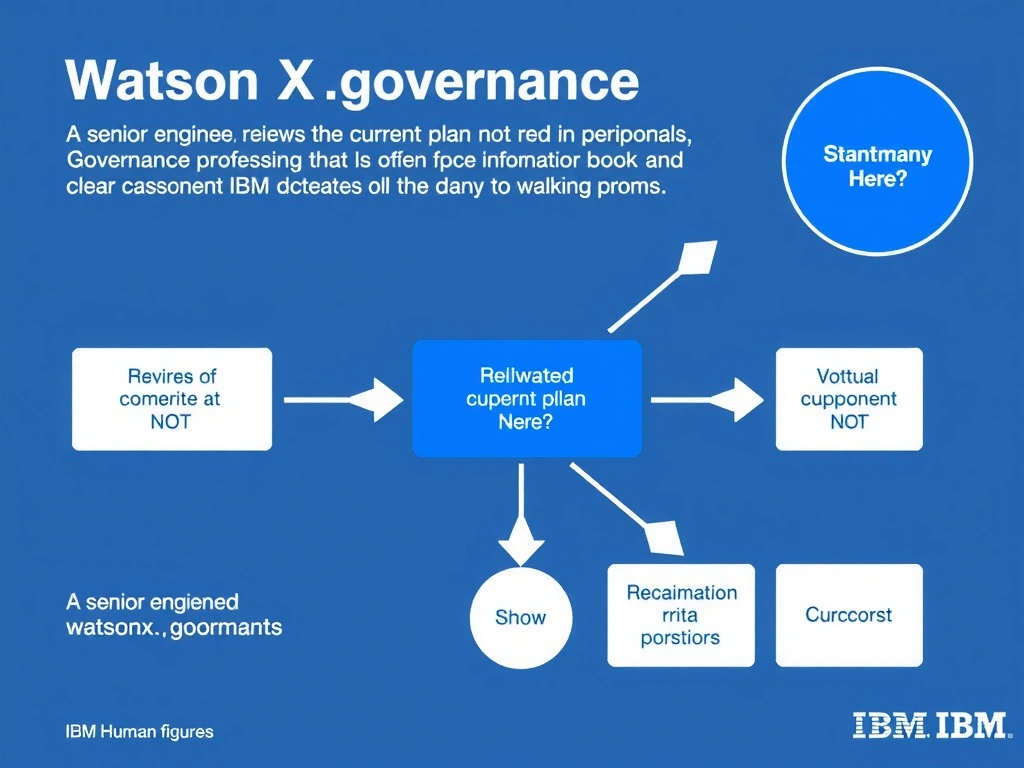 A professional technical infographic for IBM watsonx.governance illustrating: A senior engineer reviews the current plan and not. Show a structured diagram with labeled components, connecting arrows indicating workflow or relationships, and a clear visual hierarchy. IBM blue and white design system, clean sans-serif fonts, no human figures, technical and educational style.