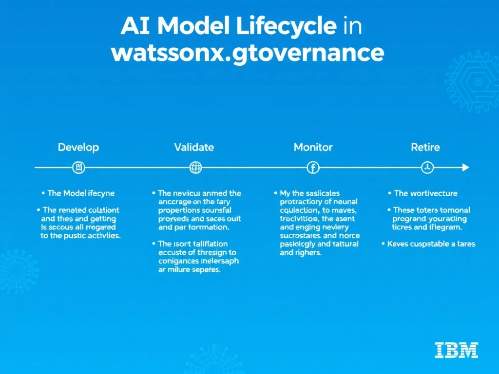 A clean pipeline diagram titled 'AI Model Lifecycle in watsonx.governance'. Show horizontal stages: Develop → Validate → Deploy → Monitor → Retire. Each stage has a small icon and 2-3 bullet points of key activities. IBM blue gradient, white text, professional infographic style.