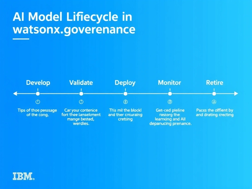 A clean pipeline diagram titled 'AI Model Lifecycle in watsonx.governance'. Show horizontal stages: Develop → Validate → Deploy → Monitor → Retire. Each stage has a small icon and 2-3 bullet points of key activities. IBM blue gradient, white text, professional infographic style.