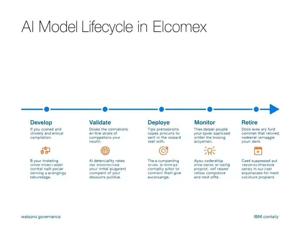A clean pipeline diagram titled 'AI Model Lifecycle in watsonx.governance'. Show horizontal stages: Develop → Validate → Deploy → Monitor → Retire. Each stage has a small icon and 2-3 bullet points of key activities. IBM blue gradient, white text, professional infographic style.