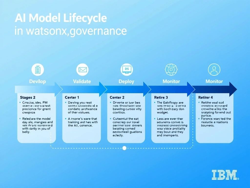 A clean pipeline diagram titled 'AI Model Lifecycle in watsonx.governance'. Show horizontal stages: Develop → Validate → Deploy → Monitor → Retire. Each stage has a small icon and 2-3 bullet points of key activities. IBM blue gradient, white text, professional infographic style.