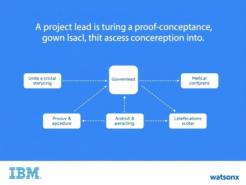 A professional technical infographic for IBM watsonx.governance illustrating: A project lead is turning a proof of concept into. Show a structured diagram with labeled components, connecting arrows indicating workflow or relationships, and a clear visual hierarchy. IBM blue and white design system, clean sans-serif fonts, no human figures, technical and educational style.