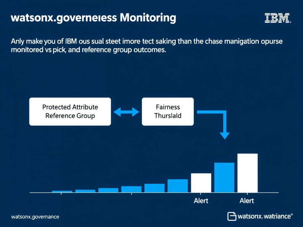 A clean technical infographic titled 'watsonx.governance Fairness Monitoring'. Show a flowchart with boxes labeled: Protected Attribute → Reference Group → Fairness Threshold → Alert. Include a bar chart comparing monitored vs. reference group outcomes. Dark navy background, IBM blue accent colors, white text labels, minimal professional style.
