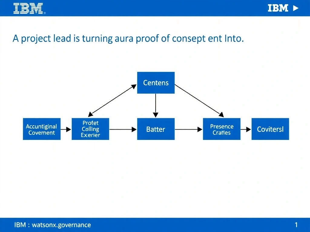 A professional technical infographic for IBM watsonx.governance illustrating: A project lead is turning a proof of concept into. Show a structured diagram with labeled components, connecting arrows indicating workflow or relationships, and a clear visual hierarchy. IBM blue and white design system, clean sans-serif fonts, no human figures, technical and educational style.