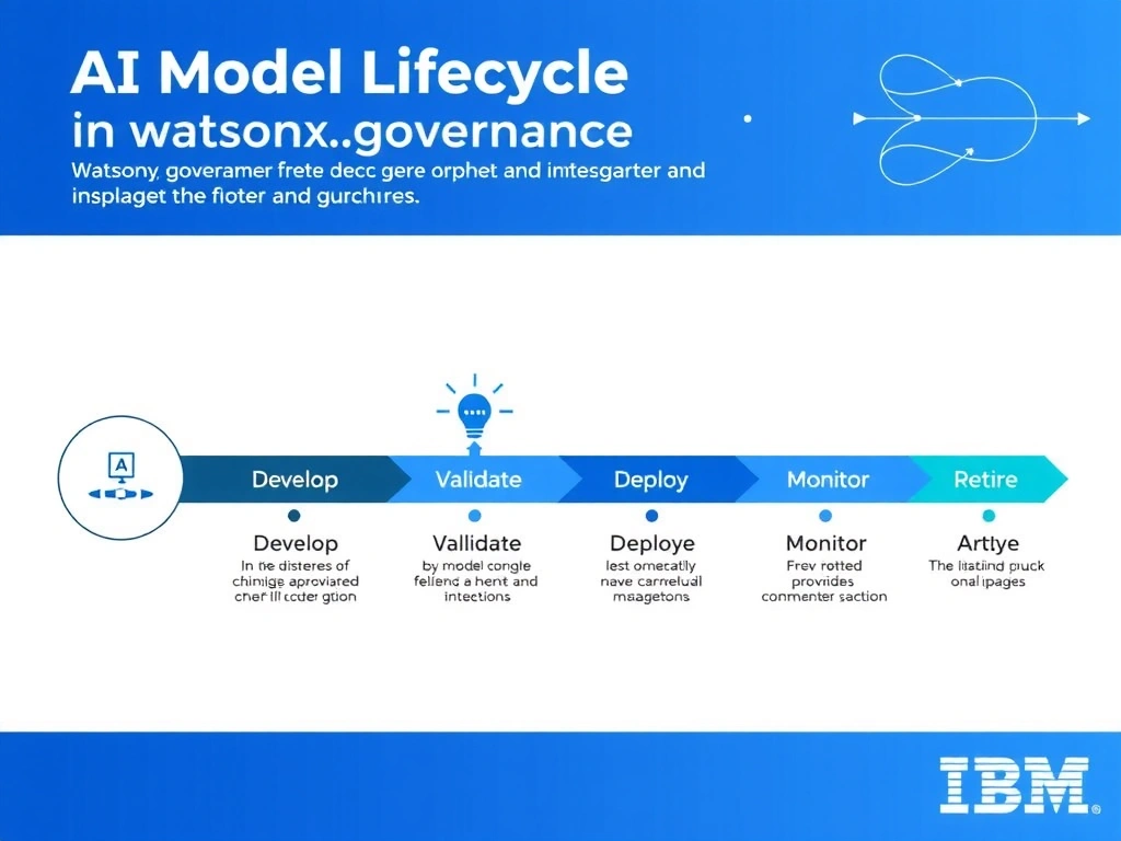 A clean pipeline diagram titled 'AI Model Lifecycle in watsonx.governance'. Show horizontal stages: Develop → Validate → Deploy → Monitor → Retire. Each stage has a small icon and 2-3 bullet points of key activities. IBM blue gradient, white text, professional infographic style.
