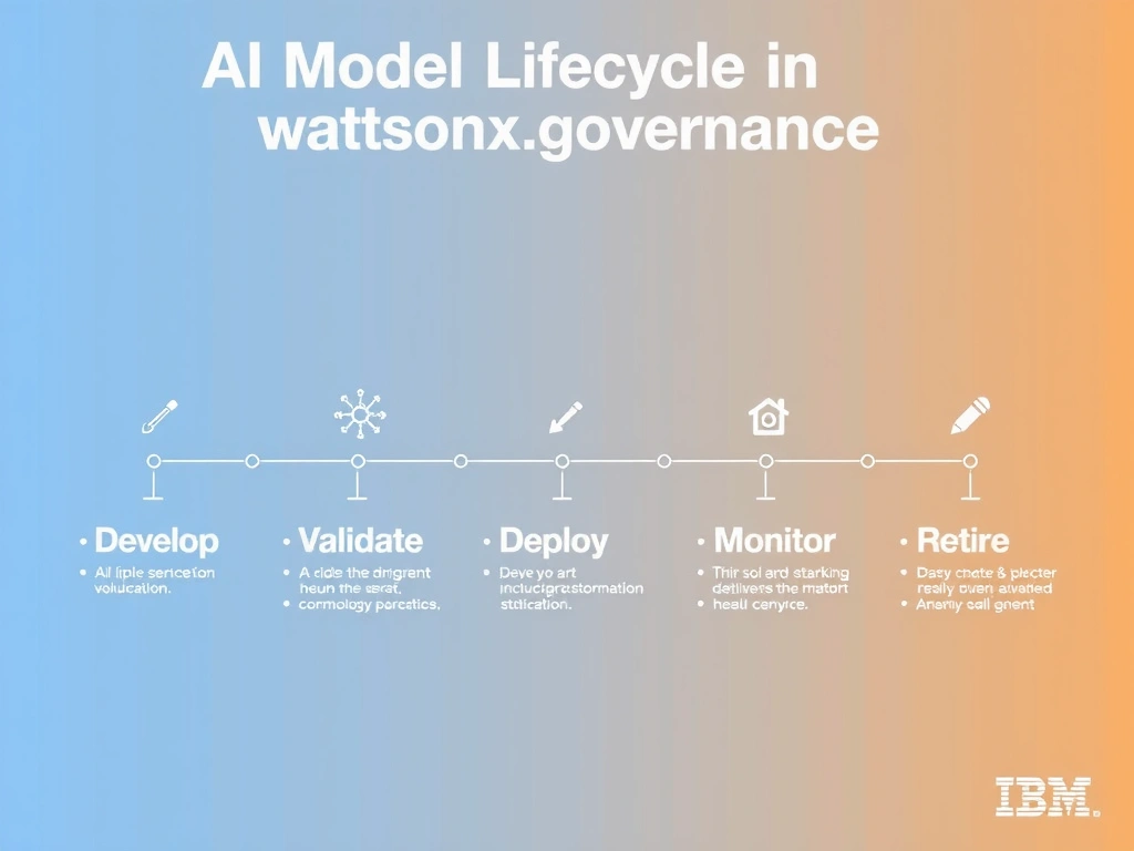 A clean pipeline diagram titled 'AI Model Lifecycle in watsonx.governance'. Show horizontal stages: Develop → Validate → Deploy → Monitor → Retire. Each stage has a small icon and 2-3 bullet points of key activities. IBM blue gradient, white text, professional infographic style.
