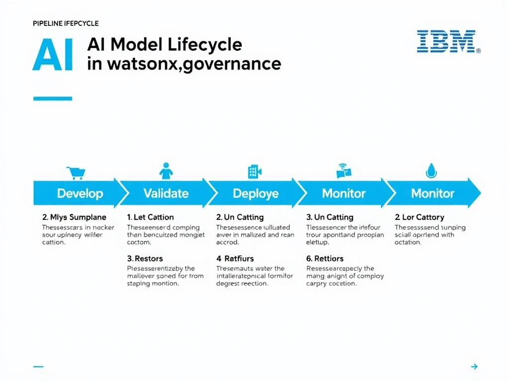 A clean pipeline diagram titled 'AI Model Lifecycle in watsonx.governance'. Show horizontal stages: Develop → Validate → Deploy → Monitor → Retire. Each stage has a small icon and 2-3 bullet points of key activities. IBM blue gradient, white text, professional infographic style.