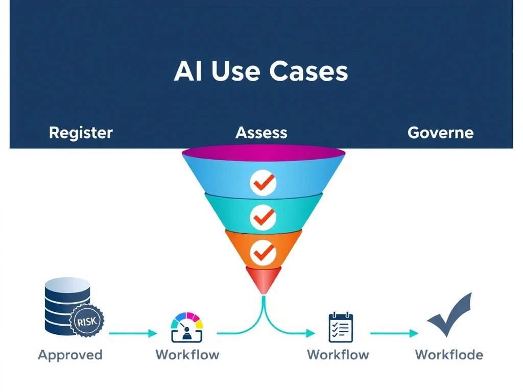 A structured dashboard view showing an AI use-case registry with columns for use case name, owner, risk level, assessment status, and governance workflow stage. Colored status badges (green=governed, yellow=in-review, red=unregistered) highlight the value of structured inventory versus an inset showing scattered sticky notes representing informal tracking. IBM blue header bar with the watsonx.governance logo anchors the layout, with arrows flowing from registration through assessment to governance approval.