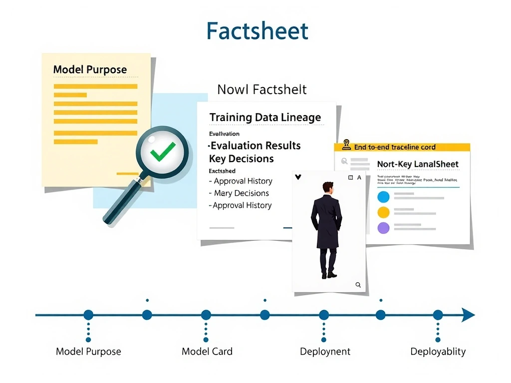A split view showing an IBM watsonx.governance factsheet on the left — with sections for model purpose, data lineage, evaluation results, and key decisions — next to a blank slide deck on the right labeled 'Missing Evidence.' Flow arrows trace how factsheet entries connect to audit review, regulatory inquiry, and compliance sign-off. Warning icons flag the slide deck path at each point where evidence would be required but unavailable.