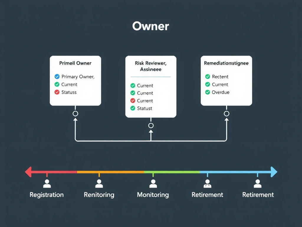 A governance inventory table with columns for Use Case, Owner, Last Review Date, Remediation Status, and Next Action. Named owner cells glow green when actions are current and turn amber with a warning clock icon when overdue, emphasizing continuous accountability. An inset panel shows an anonymous-owner row with a question-mark icon and a red 'Unresolvable' tag, contrasting with the named-owner rows that have clear remediation audit trails.
