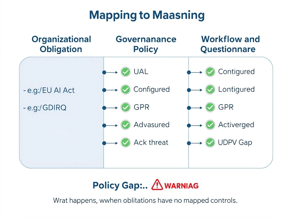 A three-column layout showing: left column — organizational governance obligations (GDPR, internal AI policy, sector regulation) as a checklist; center column — IBM watsonx.governance policy configuration interface with questionnaires and workflow settings mapped to each obligation; right column — approved policy confirmation with sign-off status. Red X marks appear in the center column where default text has not been mapped to obligations, illustrating the gap between out-of-the-box setup and configured governance.
