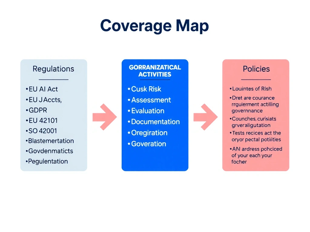 A governance map showing multiple overlapping regulatory frameworks — GDPR, EU AI Act, NIST AI RMF, internal policy — as colored overlay zones on a shared 'AI Governance Activities' grid. Each grid cell shows which activities (bias audit, data lineage, impact assessment) are required by which framework, with IBM watsonx.governance as the implementing platform. A contrast inset shows a single-policy box applied uniformly across all jurisdictions with red X marks where requirements are missed.