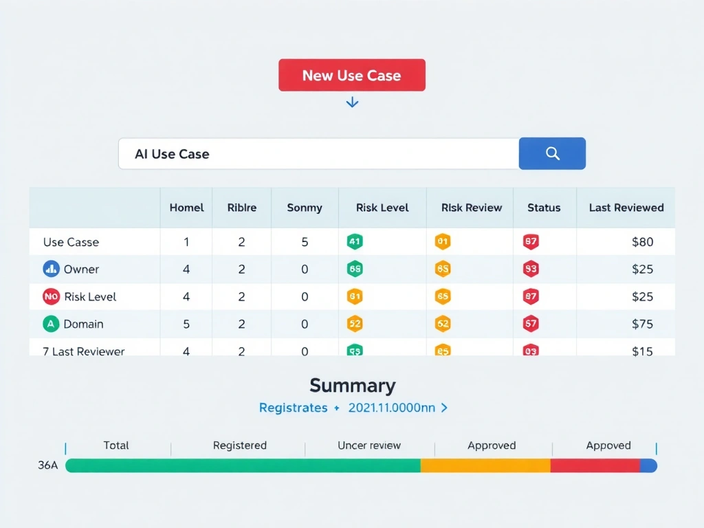 A structured dashboard view showing an AI use-case registry with columns for use case name, owner, risk level, assessment status, and governance workflow stage. Colored status badges (green=governed, yellow=in-review, red=unregistered) highlight the value of structured inventory versus an inset showing scattered sticky notes representing informal tracking. IBM blue header bar with the watsonx.governance logo anchors the layout, with arrows flowing from registration through assessment to governance approval.