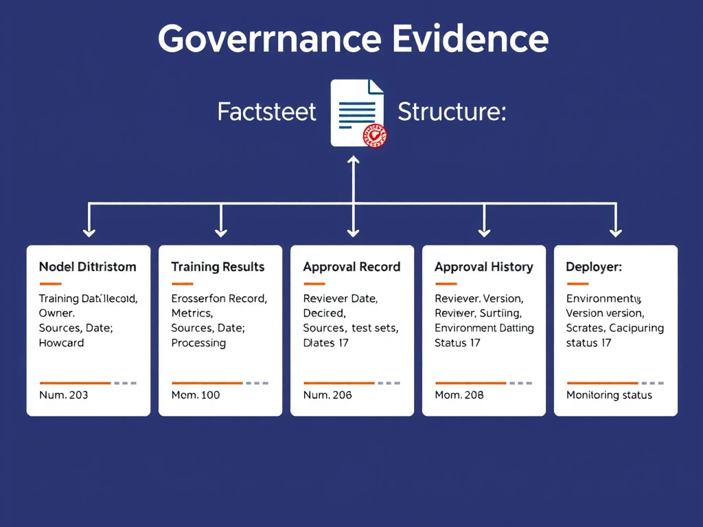 A split view showing an IBM watsonx.governance factsheet on the left — with sections for model purpose, data lineage, evaluation results, and key decisions — next to a blank slide deck on the right labeled 'Missing Evidence.' Flow arrows trace how factsheet entries connect to audit review, regulatory inquiry, and compliance sign-off. Warning icons flag the slide deck path at each point where evidence would be required but unavailable.