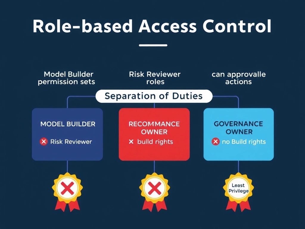 An org-chart style diagram showing three governance roles — Model Owner, Risk Reviewer, and Governance Admin — each with a distinct badge color and a list of permitted actions. Dotted red-X lines block cross-role actions (e.g., Model Owner cannot approve their own model; Governance Admin cannot modify evidence after sign-off). A contrast panel shows 'All-Owner Configuration' with a single badge for every person and a chaos icon, versus the structured role layout with a checkmark labeled 'Separation of Duties.'