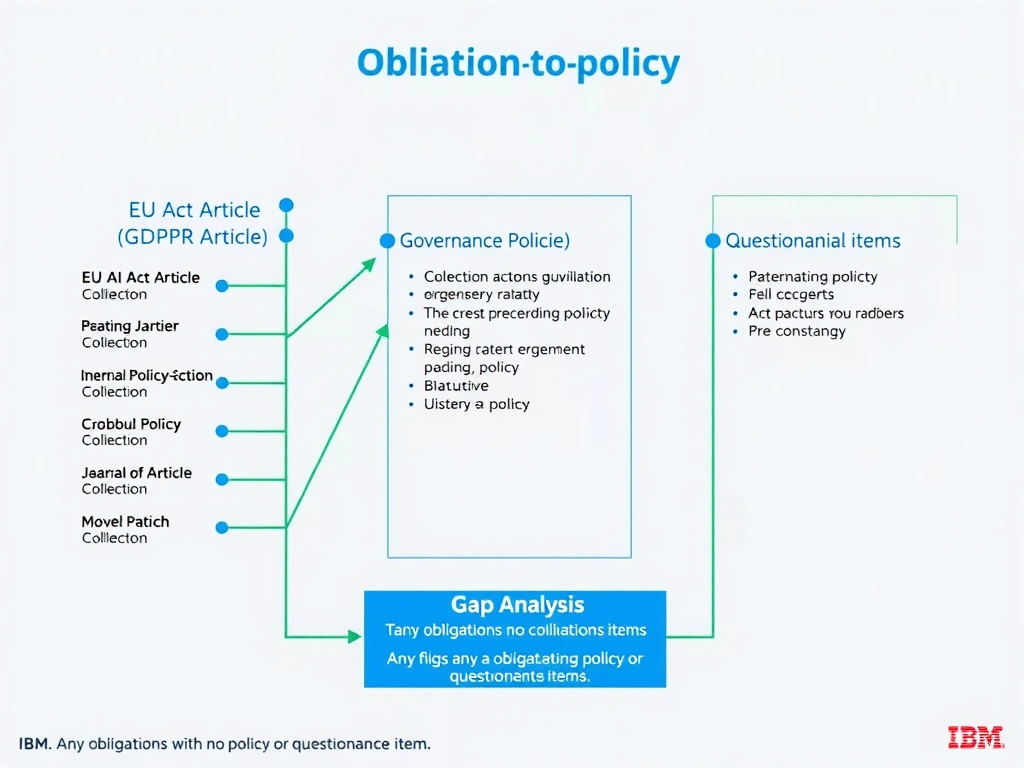 A three-column layout showing: left column — organizational governance obligations (GDPR, internal AI policy, sector regulation) as a checklist; center column — IBM watsonx.governance policy configuration interface with questionnaires and workflow settings mapped to each obligation; right column — approved policy confirmation with sign-off status. Red X marks appear in the center column where default text has not been mapped to obligations, illustrating the gap between out-of-the-box setup and configured governance.
