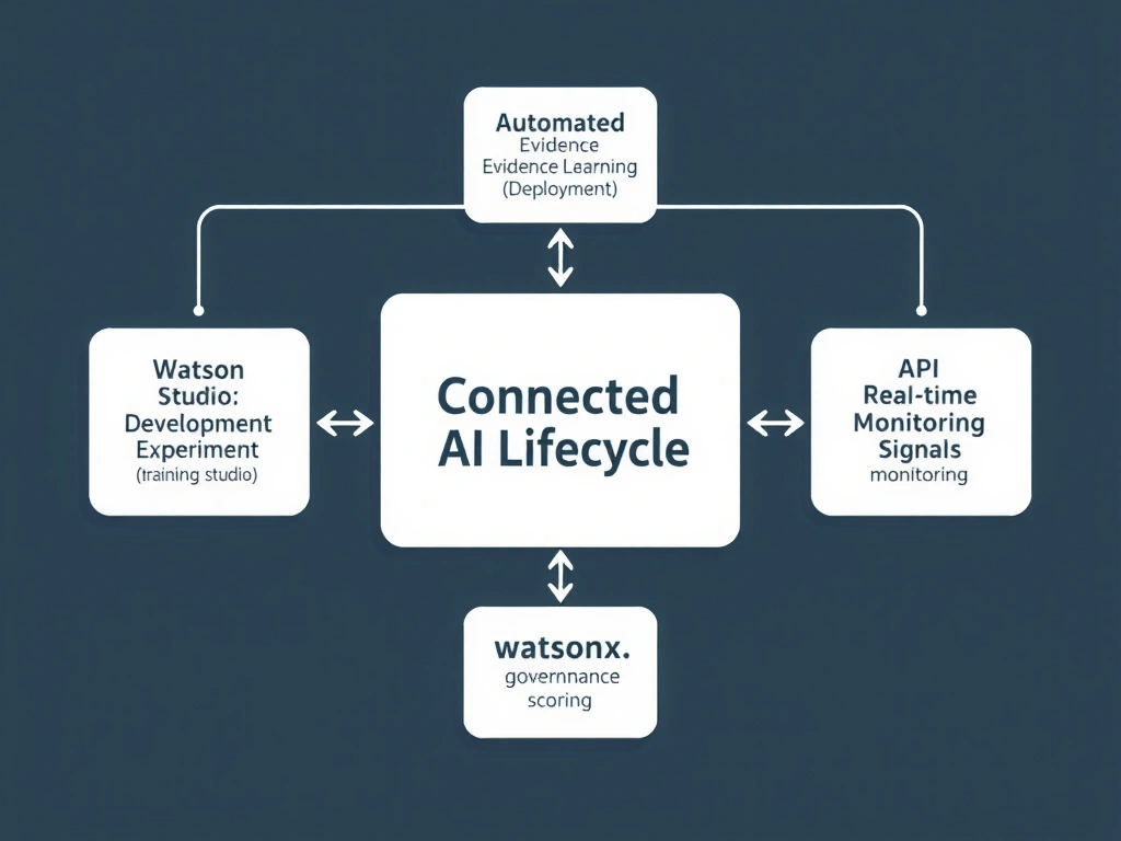 A pipeline diagram with three connected stages: Model Development (IBM Watson Studio icon on the left), Governance Platform (watsonx.governance icon in the center), and Deployment/Monitoring (cloud deployment icon on the right). Bidirectional arrows between stages are labeled 'Automated Evidence Collection' and 'Live Monitoring Feed.' A contrast inset shows the governance platform isolated with manual data-entry icons at each connection point and a 'Transcription Error Risk' warning badge.