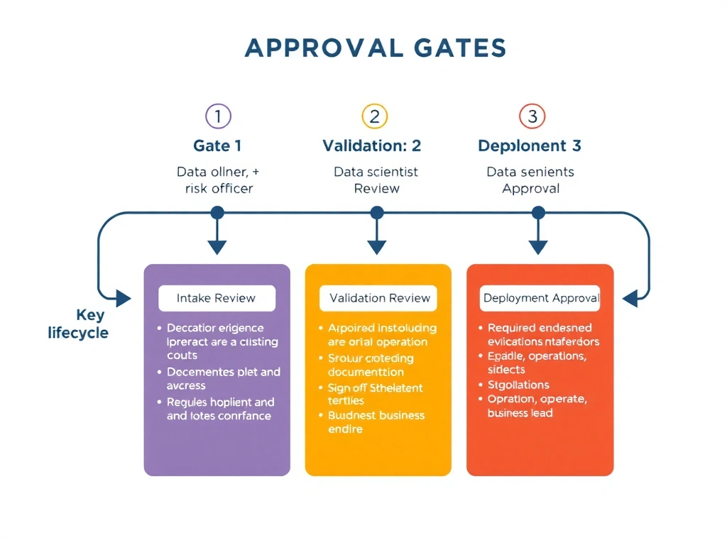 Workflow diagram showing approval gates at key lifecycle stages: Intake Review (gate 1 with stakeholders: data owner, risk officer), Validation Review (gate 2 with stakeholders: data scientist, compliance), Deployment Approval (gate 3 with stakeholders: operations, business lead). Each gate shows required evidence (checklist, documentation) and sign-off signatures.