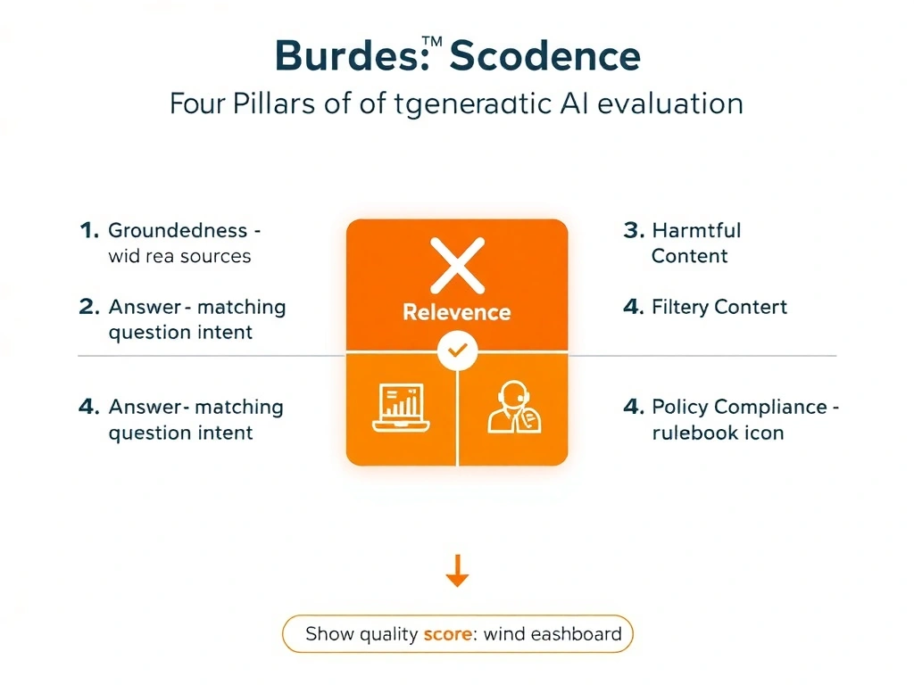 Evaluation rubric visualization showing four pillars of generative AI evaluation: (1) Groundedness - source verification with checkmark on real sources and X on hallucinations, (2) Relevance - answer matching question intent, (3) Harmful Content - filter for bias and misinformation icons, (4) Policy Compliance - rulebook icon. Show quality score dashboard aggregating results.