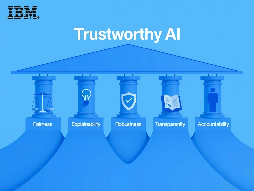 An infographic showing five interconnected pillars labeled Fairness, Explainability, Robustness, Transparency, and Accountability, each with a distinctive icon — balanced scale, lightbulb, shield, open book, and person with checkmark respectively. The pillars support a roof labeled Trustworthy AI. Use IBM blue as the primary color with clean sans-serif typography.