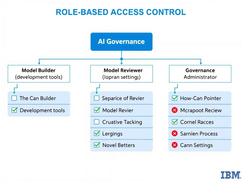 An infographic showing a role-based access control diagram for AI governance with three distinct role lanes: Model Builder (with development tools), Model Reviewer (with approval checkboxes), and Governance Administrator (with system settings). Dotted lines show what each role can and cannot access. Include a separation of duties symbol between the Builder and Reviewer lanes. Use a clean organizational chart style with IBM blue accents.