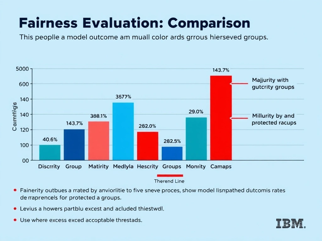 An infographic showing a fairness evaluation comparison chart with multiple demographic group bars displayed side by side, comparing model outcome rates across groups. Highlight disparities with color contrast between the majority group bar and minority group bars. Include a fairness threshold line and a legend explaining protected attributes. Use a bar chart format with IBM blue and red color coding to show where disparities exceed acceptable thresholds.