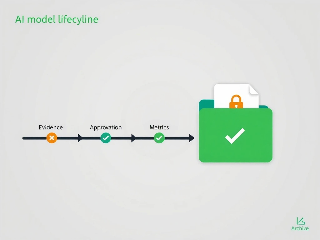 Timeline diagram showing an AI model lifecycle from active deployment through deprecation phases, ending in an archive folder with a lock icon and documents labeled 'Evidence,' 'Approvals,' and 'Metrics' neatly organized inside. Use amber for deprecation, green checkmark for archived.