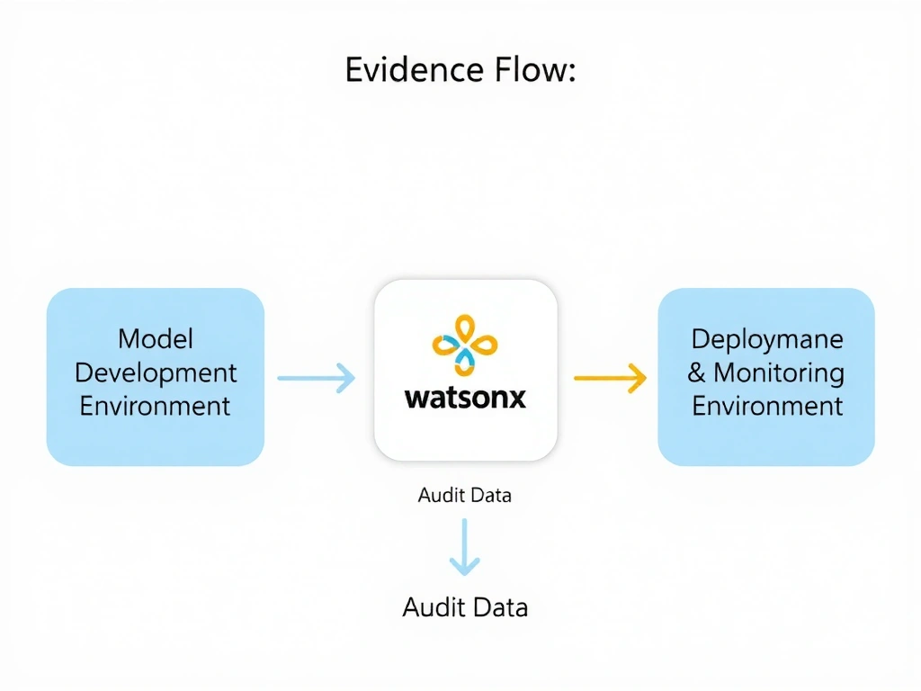 System architecture diagram showing three boxes: 'Model Development Environment' on the left, 'Governance Tooling' in the center (with watsonx icon), and 'Deployment & Monitoring Environment' on the right. Bidirectional arrows connect all three, labeled 'Evidence Flow' and 'Audit Data.' Use light blue for environments and gold for the governance center.