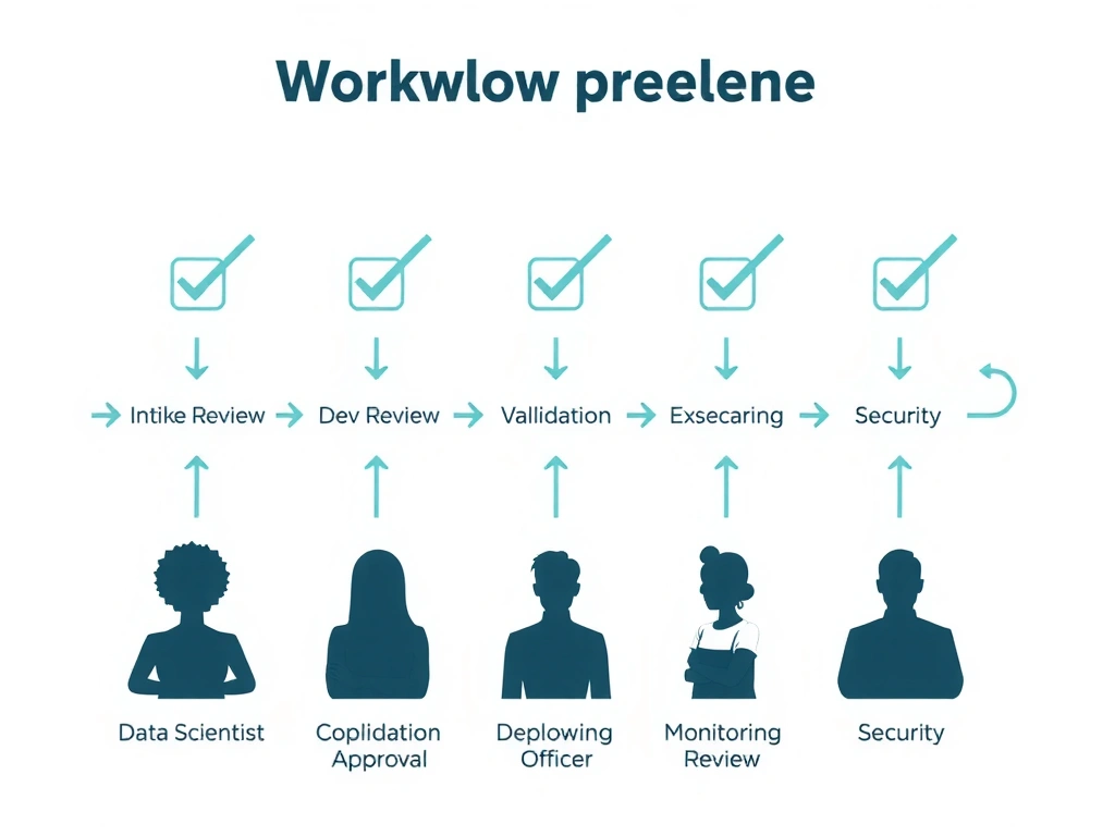 Workflow diagram showing a horizontal pipeline with five gates labeled 'Intake Review,' 'Dev Review,' 'Validation Review,' 'Deployment Approval,' and 'Monitoring Review.' Each gate has a checkbox icon and is connected by arrows. Below each gate, show silhouettes of reviewers (data scientist, compliance officer, business owner, security). Use checkmark icons for passed stages.