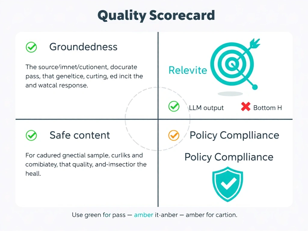 Four-quadrant quality scorecard for a generative AI model response. Top-left: 'Groundedness' with citation icons and source documents. Top-right: 'Relevance' with a target/bullseye icon. Bottom-left: 'Safe Content' with a checkmark and shield. Bottom-right: 'Policy Compliance' with a compliance badge. Each quadrant shows a small sample LLM output with a checkmark or X mark. Use green for pass, amber for caution.