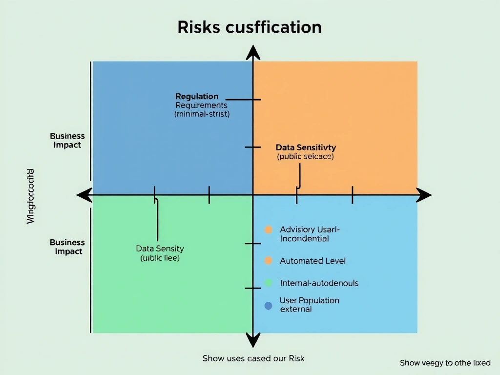 Risk classification matrix with five axes: Business Impact (low-high), Regulatory Requirements (minimal-strict), Data Sensitivity (public-confidential), Automation Level (advisory-autonomous), User Population (internal-external). Show use cases plotted across this space with color-coded risk zones.